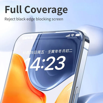 SmartDevil full cover tempered glass screen protector for iPhone 14, 13, 12 Pro Max, with edge-to-edge protection and auto-dust removal kit.