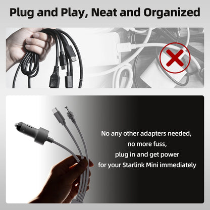 3-in-1 Starlink Mini cable by BACKUPMYFILESNOW for high-speed USB C, car charger, and DC to DC connection for Starlink Mini accessories.