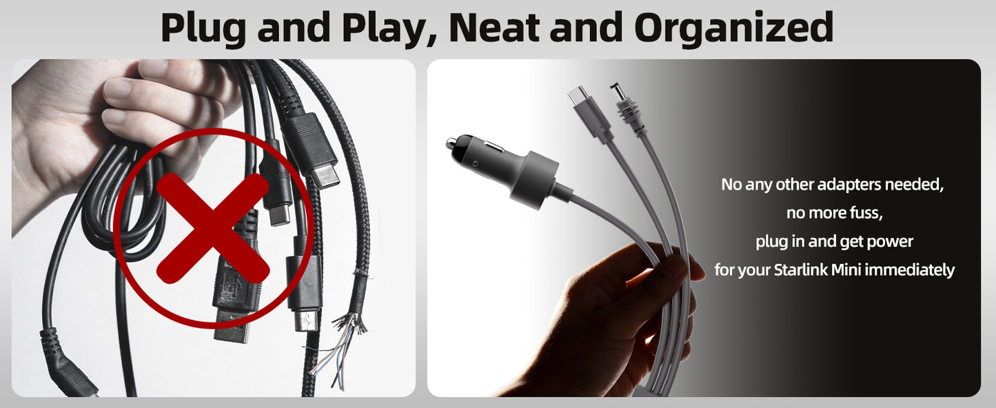 3-in-1 Starlink Mini cable by BACKUPMYFILESNOW.COM, 10m high-speed USB-C, car charger, and DC to DC replacement cable for Starlink accessories.