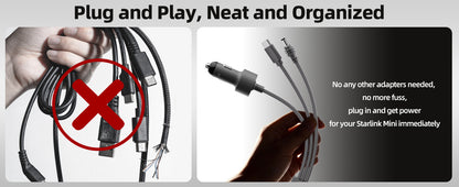 3-in-1 Starlink Mini cable by BACKUPMYFILESNOW.COM, 10m high-speed USB-C, car charger, and DC to DC replacement cable for Starlink accessories.