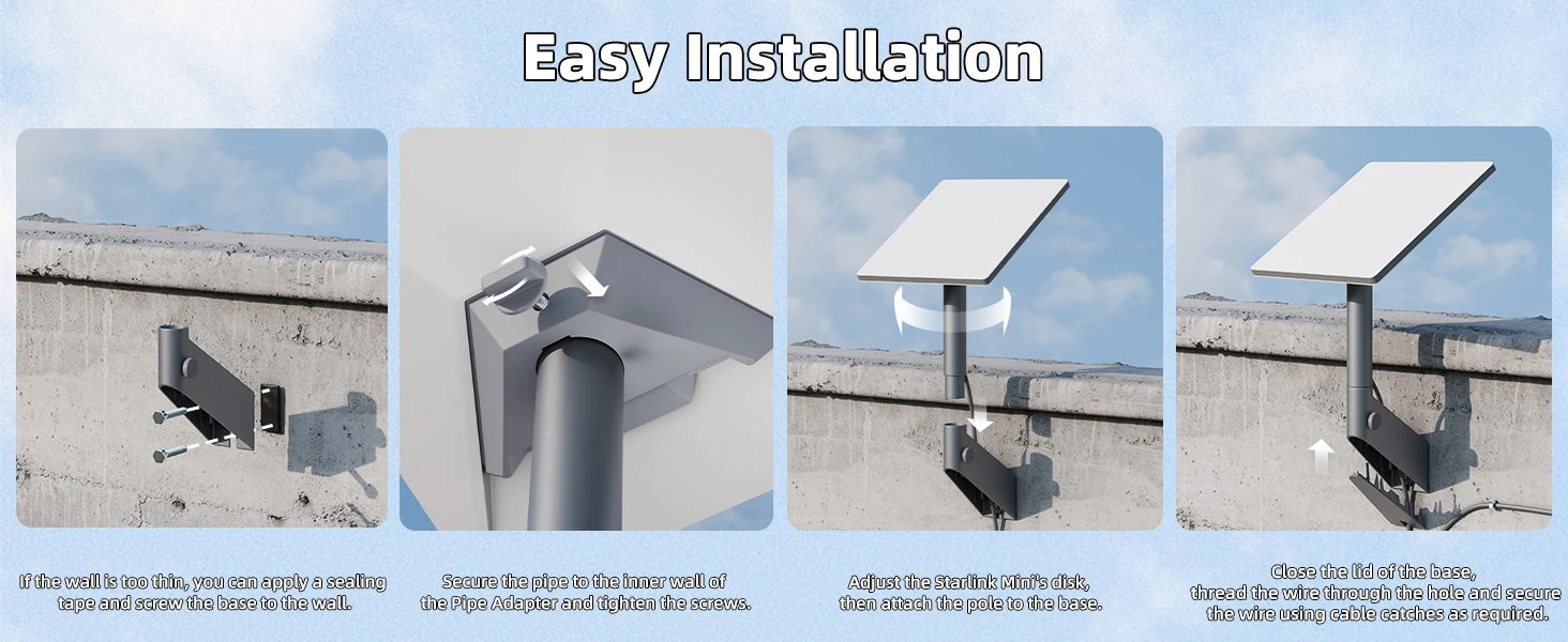 Starlink Mini Wall Mount by BACKUPMYFILESNOW.COM® showing rustproof, weatherproof adjustable bracket for wall, roof, or pole installation