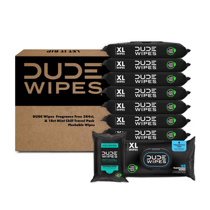 Six packs of DUDE Baby Wipes by BACKUPMYFILESNOW.COM, unscented, flushable, large wet wipes with vitamin E and aloe for gentle cleaning.