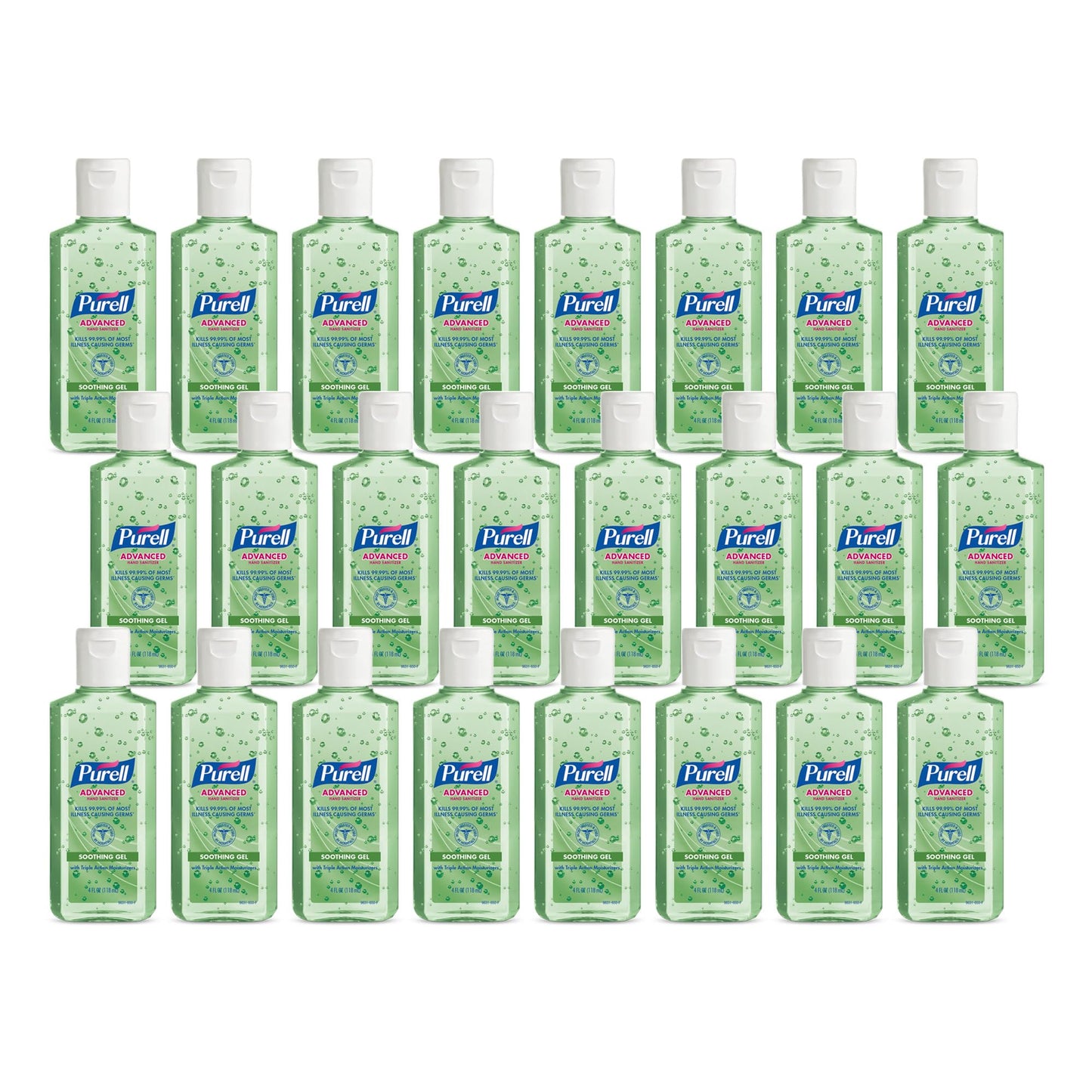 Pack of 24 PURELL Advanced Hand Sanitizer 4 fl oz travel-size gel bottles with flip caps, featuring a fresh scent and soothing formula.