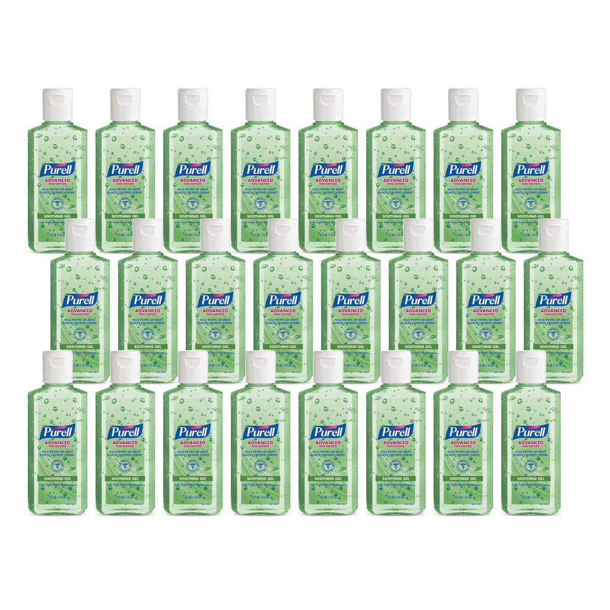 Pack of 24 PURELL Advanced Hand Sanitizer 4 fl oz travel-size gel bottles with flip caps, featuring a fresh scent and soothing formula.
