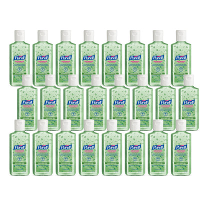 Pack of 24 PURELL Advanced Hand Sanitizer 4 fl oz travel-size gel bottles with flip caps, featuring a fresh scent and soothing formula.