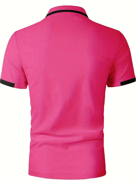 Men's summer casual color-blocked polo shirt in fuchsia from BACKUPMYFILESNOW.COM®, featuring a mature, elegant design for work or outings.