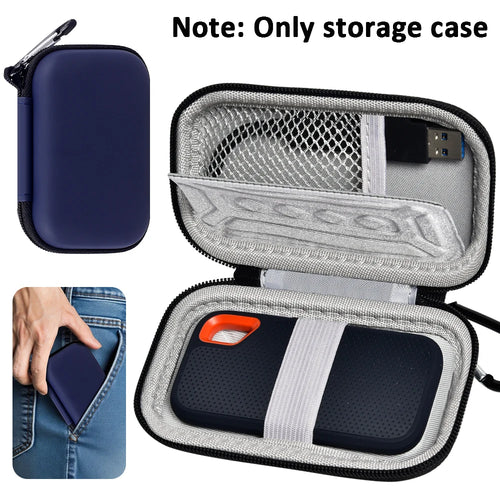 Black storage bag compatible with SanDisk PRO Extreme Portable SSD 1TB, 2TB, and 500GB hard drives, by BackupMyFilesNow.com.
