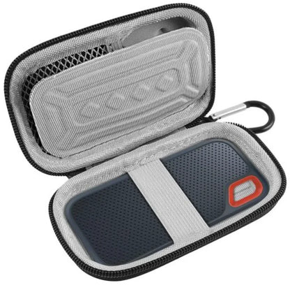 Black storage bag compatible with SanDisk PRO Extreme Portable SSD 1TB, 2TB, and 500GB hard drives for secure transport.