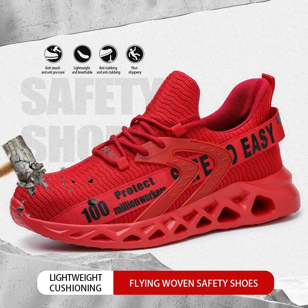 Black steel toe safety shoes for men and women, lightweight construction work sneakers with puncture-proof soles, unisex design.