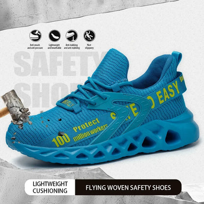 Black steel toe safety shoes for men and women, lightweight construction work sneakers with puncture-proof soles and unisex design.