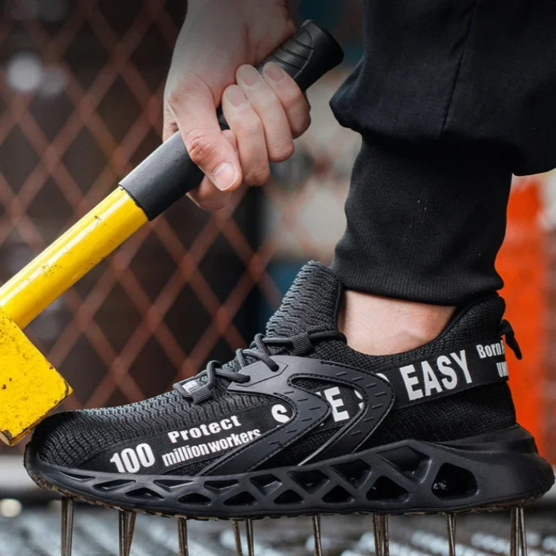 Black steel toe safety shoes for men and women, lightweight construction work sneakers with puncture-proof soles, unisex work boots.