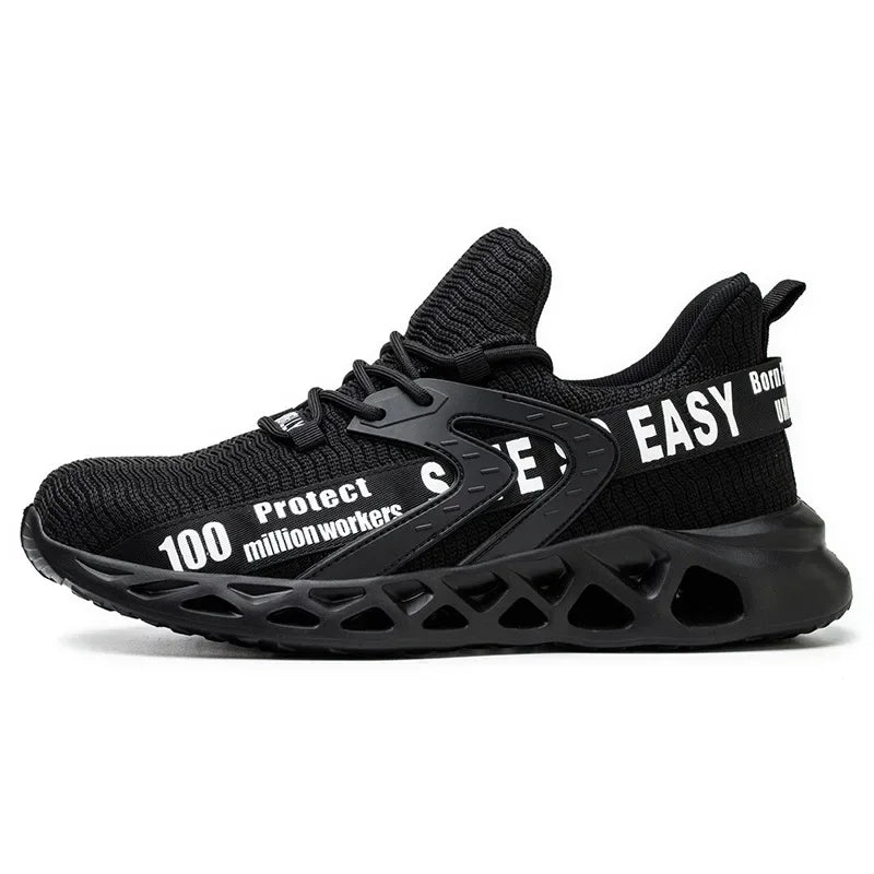 Black steel toe safety shoes for men and women, lightweight construction work sneakers with puncture-proof soles, unisex safety boots