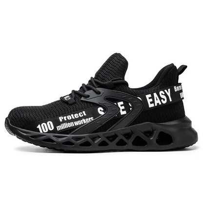Black steel toe safety shoes for men and women, lightweight construction work sneakers with puncture-proof soles, unisex safety boots