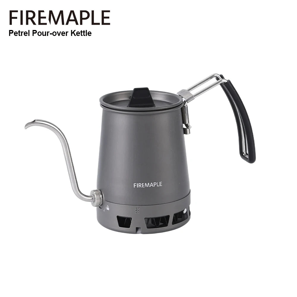 Fire-Maple Petrel pour-over coffee kettle with gooseneck spout, detachable handle, portable, foldable design for precise brewing.