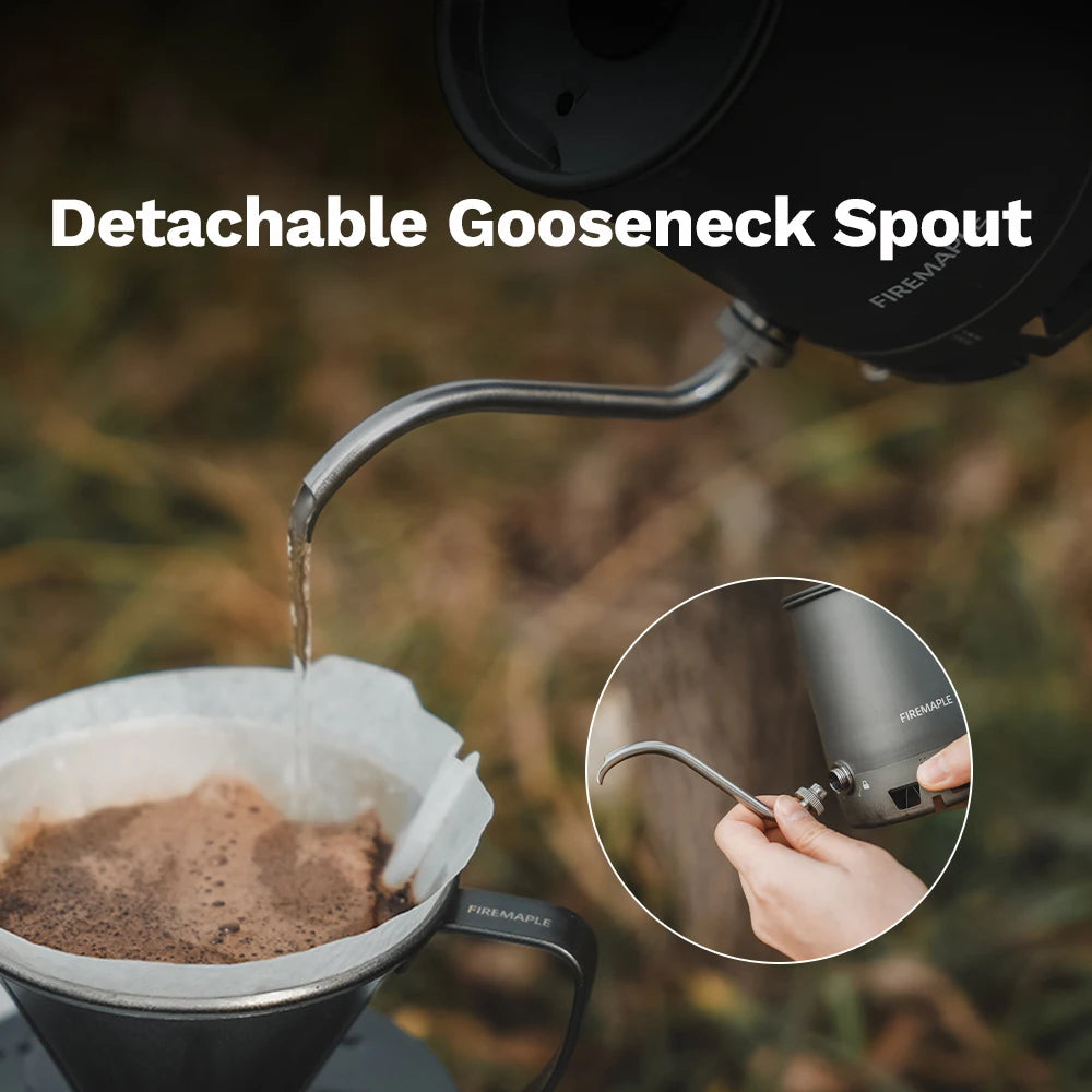 Fire-Maple Petrel pour-over coffee kettle with gooseneck spout, detachable handle, portable foldable design, ideal for brewing coffee.