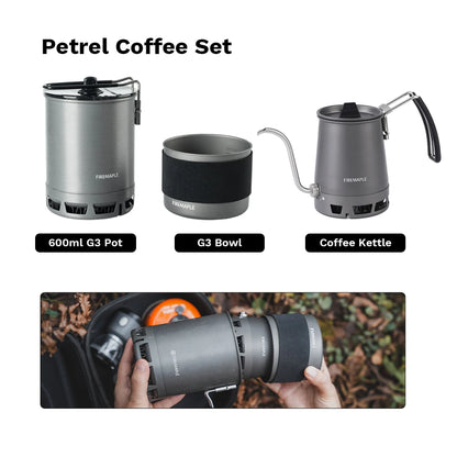 Fire-Maple Petrel pour-over coffee kettle with gooseneck spout, detachable handle, portable and foldable design for precise brewing.