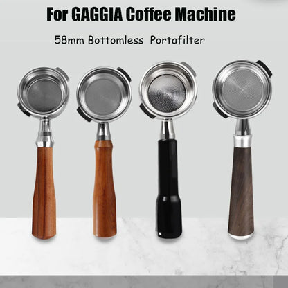 Gaggia 58mm bottomless filter holder with solid wood handle for Gaggia Classic coffee machine, barista tool for espresso brewing.