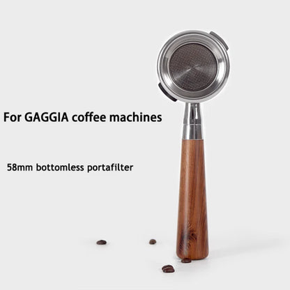 Gaggia 58mm bottomless filter holder with solid wood handle for Gaggia Classic espresso machine barista tools.