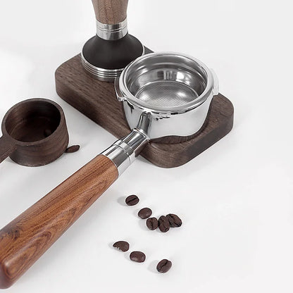 Gaggia bottomless 58mm portafilter with solid wood handle for Gaggia Classic coffee machines, barista tools, and espresso brewing.