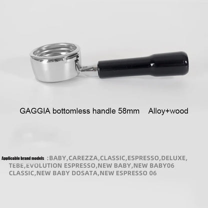 Gaggia 58mm bottomless filter holder with solid wood handle for Gaggia Classic espresso machine, barista tools.
