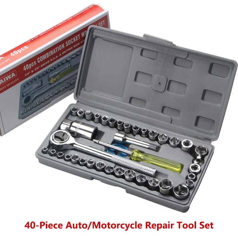 Chrome Vanadium Steel 40-piece socket set with ratchet and hard case, ideal for auto and motorcycle repair DIY tools.