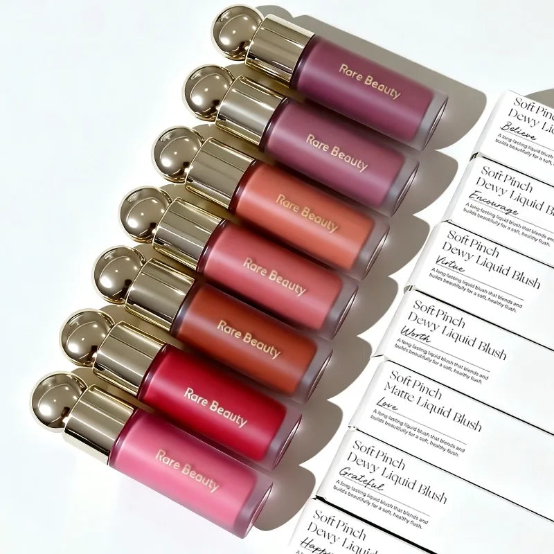 Rare Beauty liquid blush in natural, long-lasting muddy shade, featuring a glossy, moisturizing cheek rouge cream.
