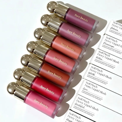 Rare Beauty liquid blush in natural, long-lasting muddy shade, featuring a glossy, moisturizing cheek rouge cream.