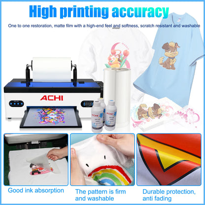 ACHI A3 R1390 DTF printer bundle with roll feeder and oven, used for T-shirt and textile printing, versatile DTF printing kit.