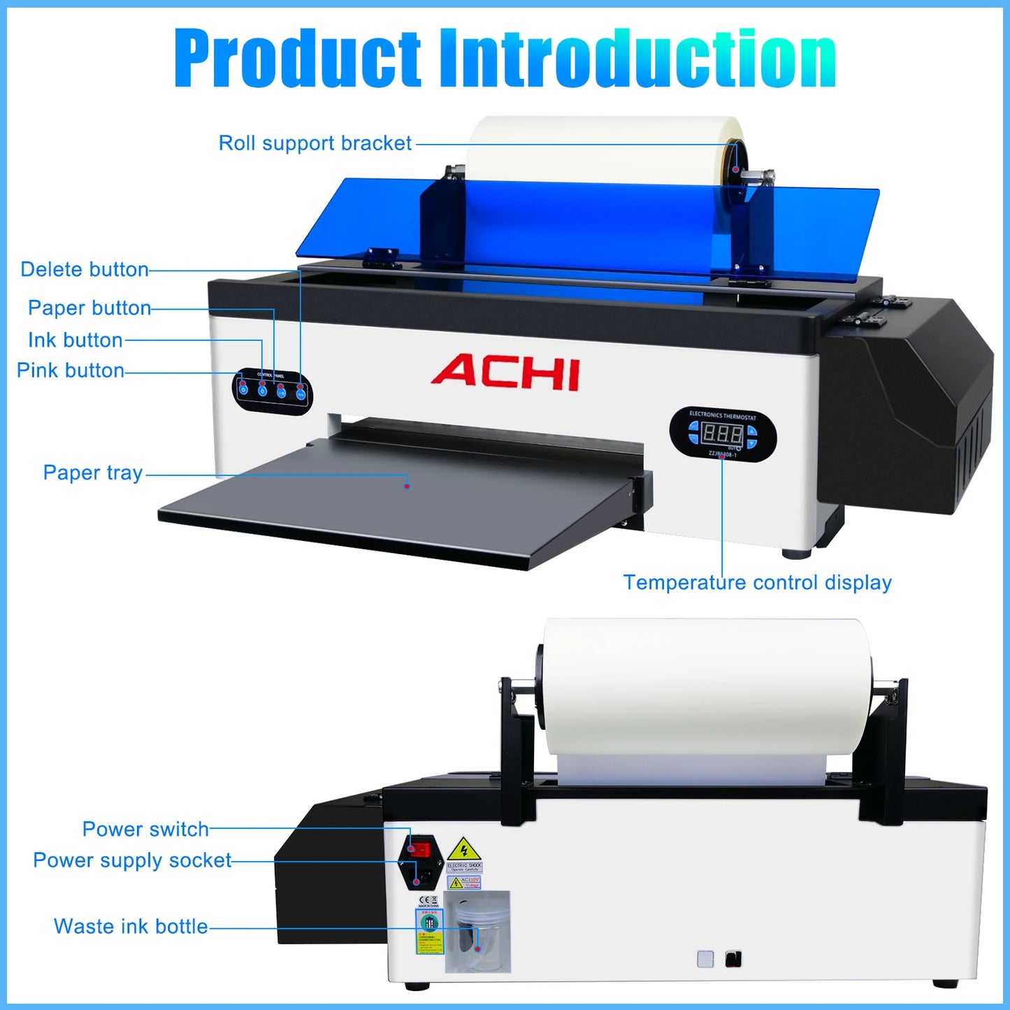 ACHI A3 R1390 DTF Printer bundle with roll feeder and oven, ideal for T-shirt transfers and textile printing.