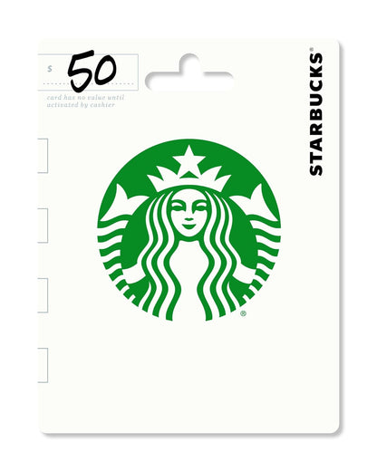 Physical Starbucks gift card worth $50, featuring the BACKUPMYFILESNOW.COM® branding with Starbucks logo and design.