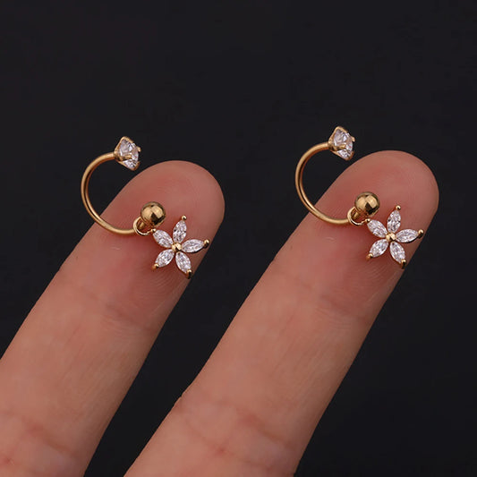 Pair of stainless steel mini CZ drop earrings featuring moon flower design, suitable for tragus, cartilage, helix, and rook piercings.
