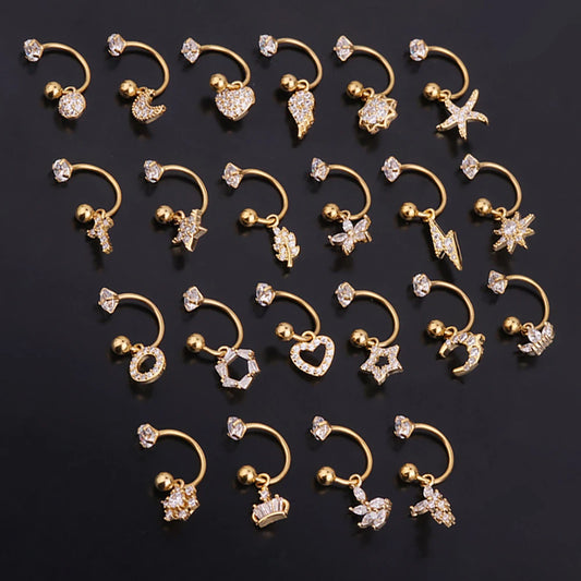 Pair of stainless steel mini CZ drop earrings featuring moon flower design, suitable for tragus, cartilage, helix, rook, daith, and lobe piercings.