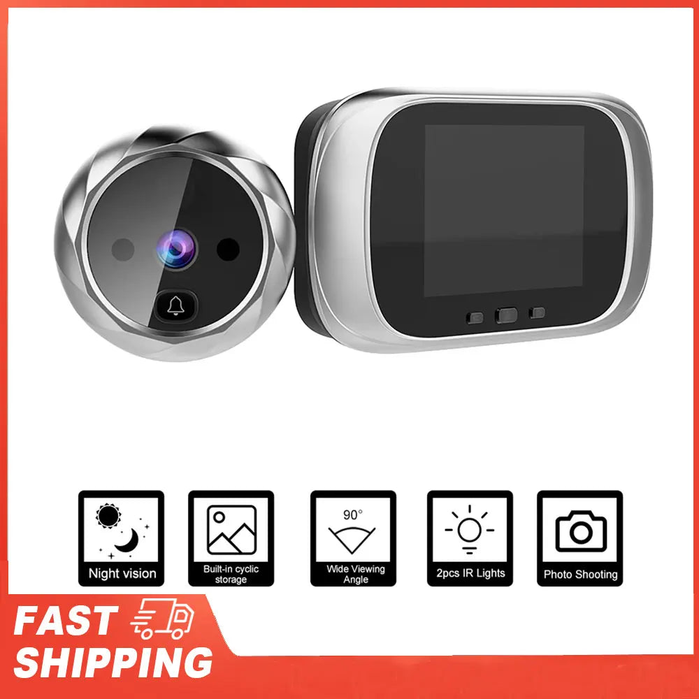 Gold 2.8-inch night vision digital door viewer with camera and doorbell for home security, featuring photo shooting and monitoring.