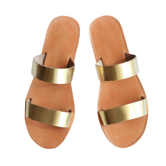 Simple open-toe flat sandals and slippers by BACKUPMYFILESNOW.COM® displayed on a neutral background.