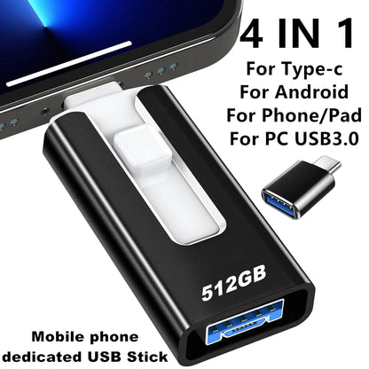 Gold 512GB Photo Stick for iPhone and iPad, USB flash drive for photos, videos, and files, compatible with Android and PC.