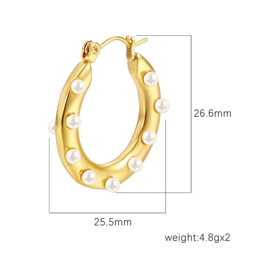 Gold stainless steel hoop earrings with retro geometric and pearl inlay design, stylish jewelry accessory for women.