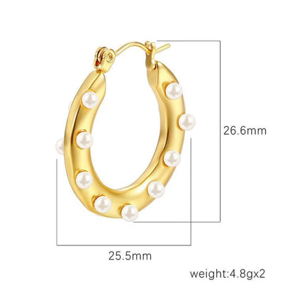 Gold stainless steel hoop earrings with retro geometric and pearl inlay design, stylish jewelry accessory for women.