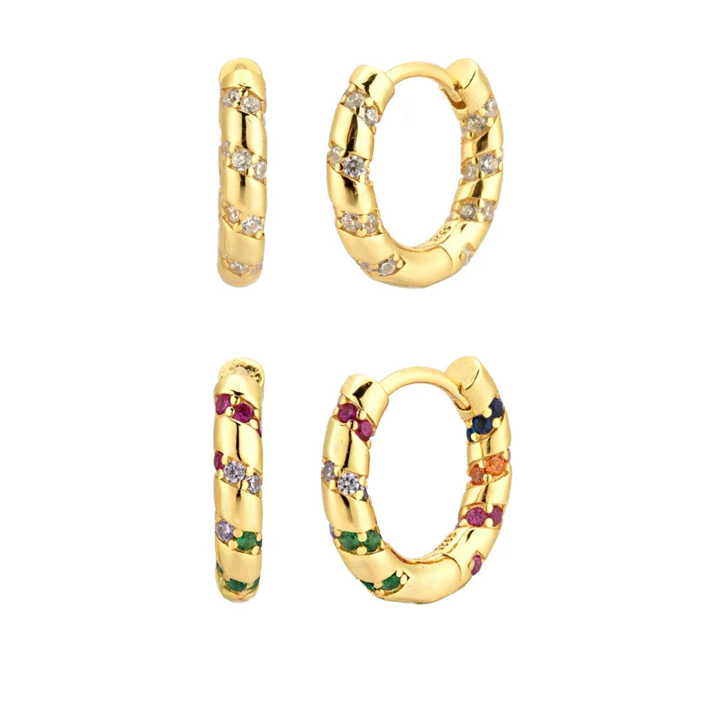 18K gold plated geometric hoop earrings with colorful zircon accents, unisex trendy jewelry for parties and fashion styles.