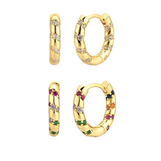 18K gold plated geometric hoop earrings with colorful zircon accents, unisex trendy jewelry for parties and fashion styles.
