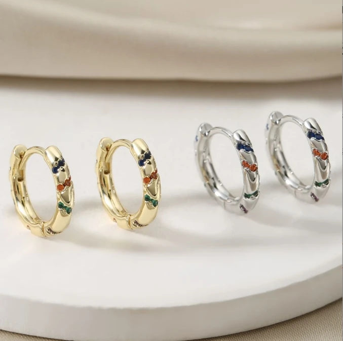 18K gold plated geometric copper hoop earrings with colorful zircon stones, trendy unisex party jewelry.
