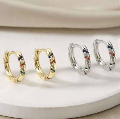 18K gold plated geometric copper hoop earrings with colorful zircon stones, trendy unisex party jewelry.