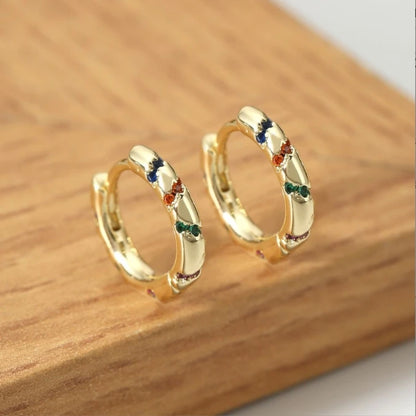 Gold-plated geometric hoop earrings with colorful zircon accents, unisex trendy jewelry, crafted from copper.