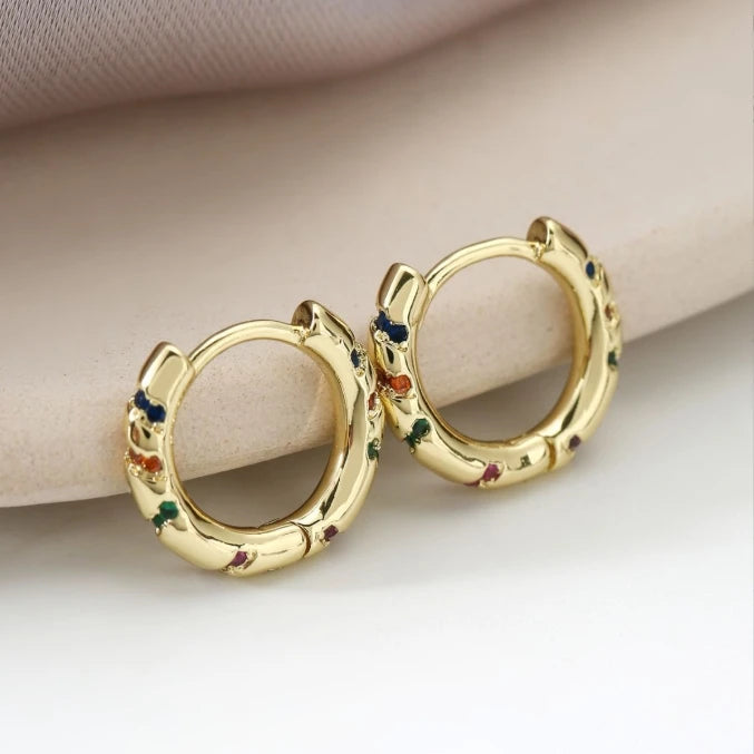 18K gold plated geometric hoop earrings with colorful zircon accents, unisex trendy jewelry for parties and stylish outfits.