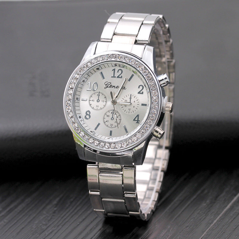 Gold Geneva Classic stainless steel women's quartz watch with a sleek round face and elegant design.