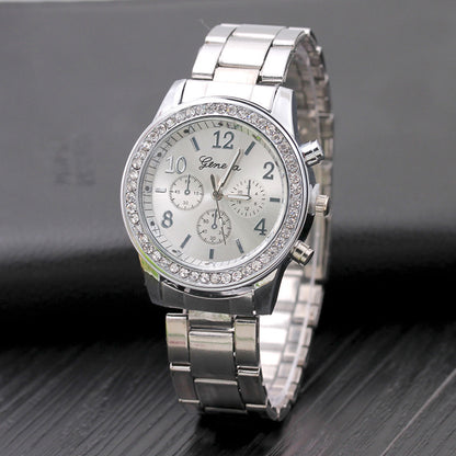 Gold Geneva Classic stainless steel women's quartz watch with a sleek round face and elegant design.