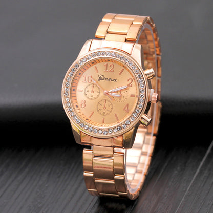 Gold Geneva Classic stainless steel women's quartz watch with a sleek design and round dial.