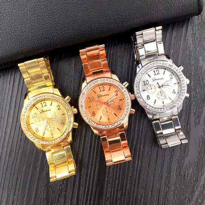 Gold Geneva Classic stainless steel women's quartz watch with a sleek round face and elegant design.