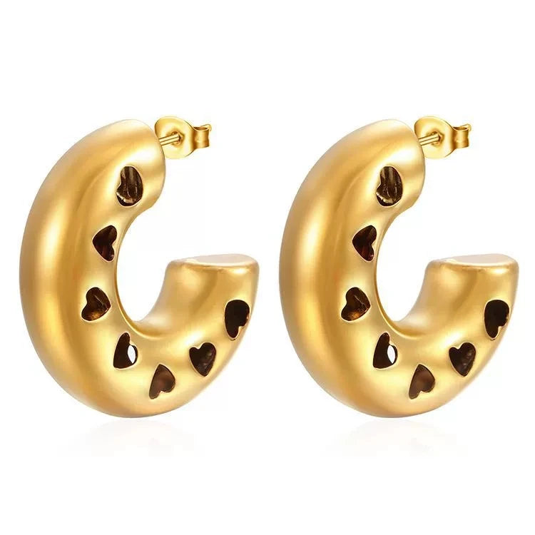 Gold-plated stainless steel hollow heart earrings with vintage C-shape design, polished finish for women.