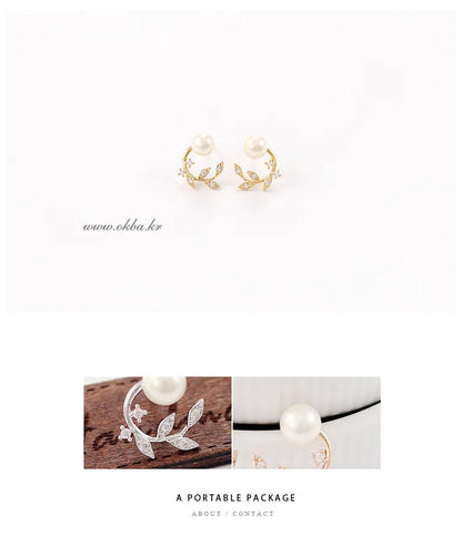 Sterling silver Korean fashion earrings with crystal, pearl, and diamond accents, featuring a branch design for elegant silver jewelry.