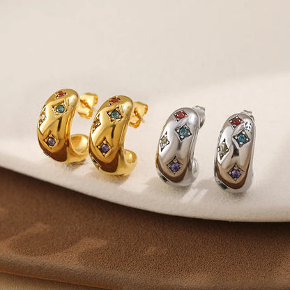 Gold letter C shape hoop earrings with colorful zircon accents, dainty and luxurious, perfect for casual or daily wear.